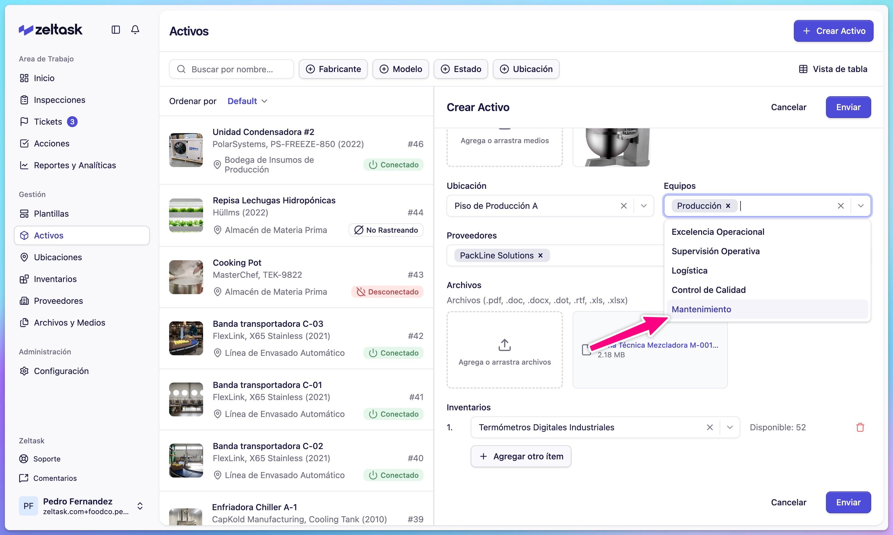 Click the Assign Team dropdown and select a maintenance team